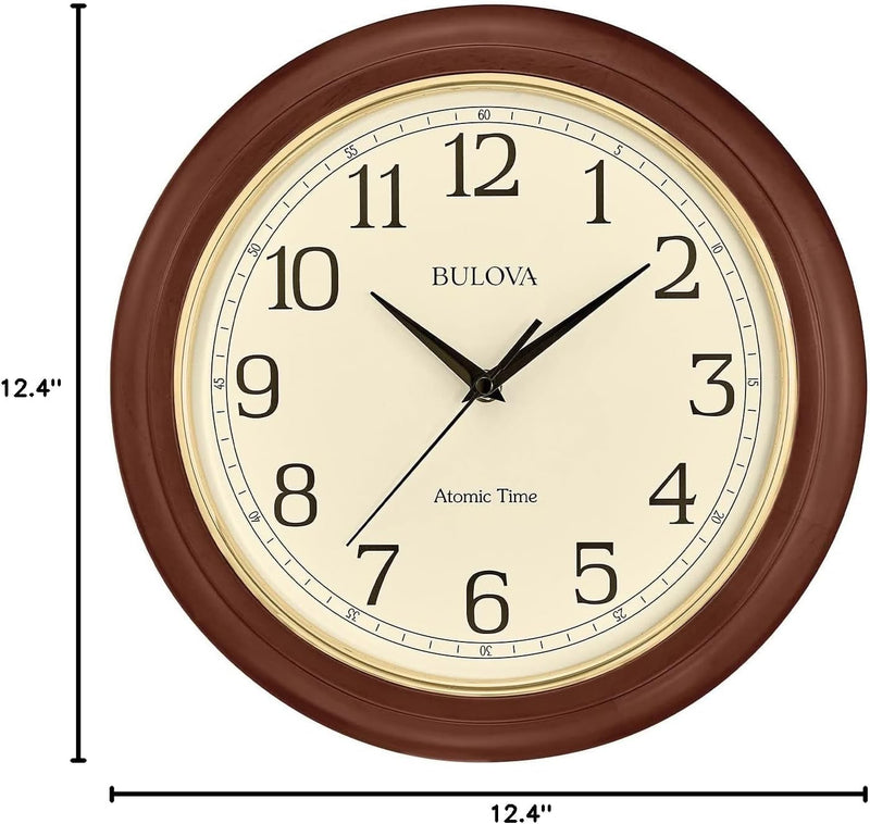 Bulova Wooden Atomic Analog Wall Clock, C5004 Atomic Time 2, Sets Automatically, Quartz Battery