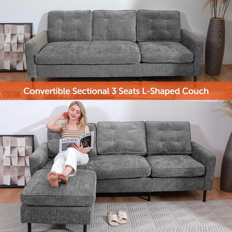 3 Seat Sofa 79' L-Shape Couch Convertible Compact Love Seat - Comfy Chenille Fabric Adult Size for Teenage Room, Living Rooms, Small Apartment, Studio, Waiting Room, Consultation Room