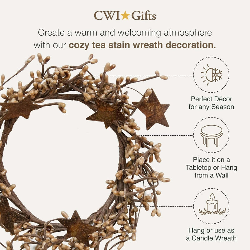 CWI Gifts Pip Twig Star Wreath Rings - Decorative Candle Rings - Candle Rings for Pillars - Farmhouse Candle Rings - Perfect Winter Wreaths for Candles - Tea Stain 4 X 8