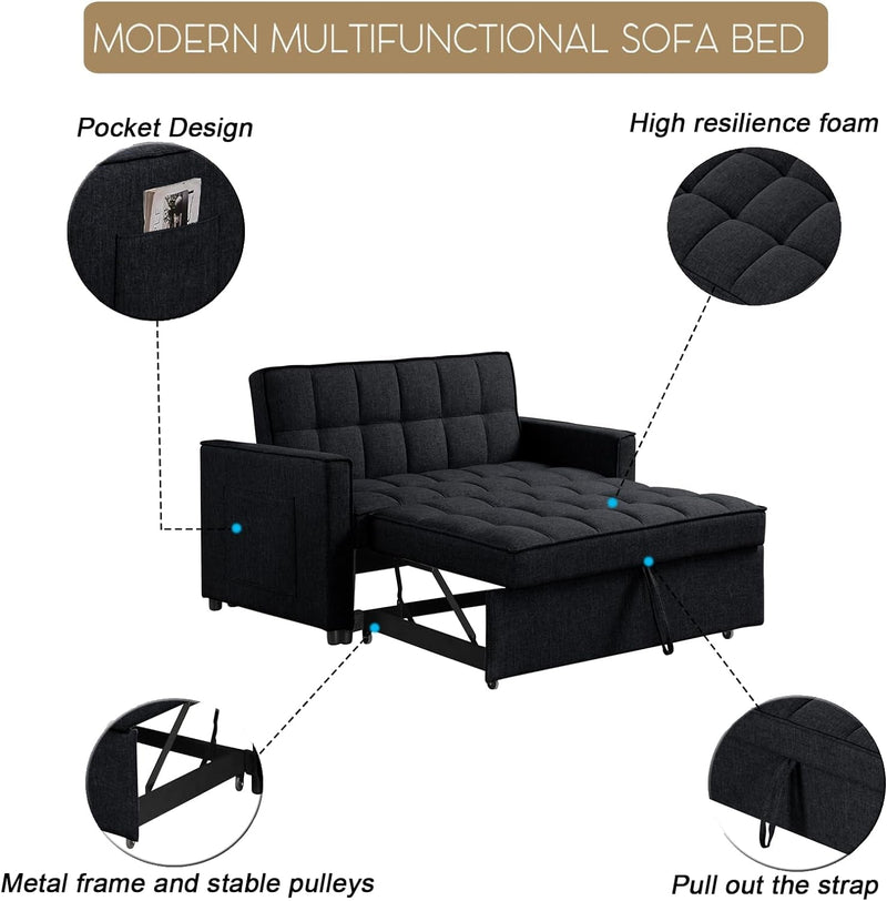 3 in 1 Pull Out Couch, Loveseat Sleeper Sofa Futon Couch with Pullout Bed, Adjustable Backrest, Storage Pockets, Convertible Pull Out Sofa Bed for Living Room, Small Space, Apartment, Black