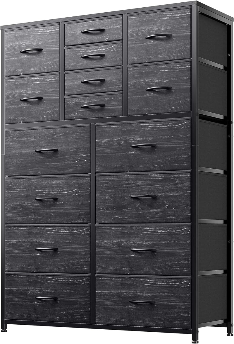 Enhomee 16 Drawers Dresser for Bedroom, Tall Dresser for Bedroom, Bedroom Dressers & Chests of Drawers with Wood Top and Metal Frame, Dresser for Bedroom, Closets, Living Room, Black Wood Grain