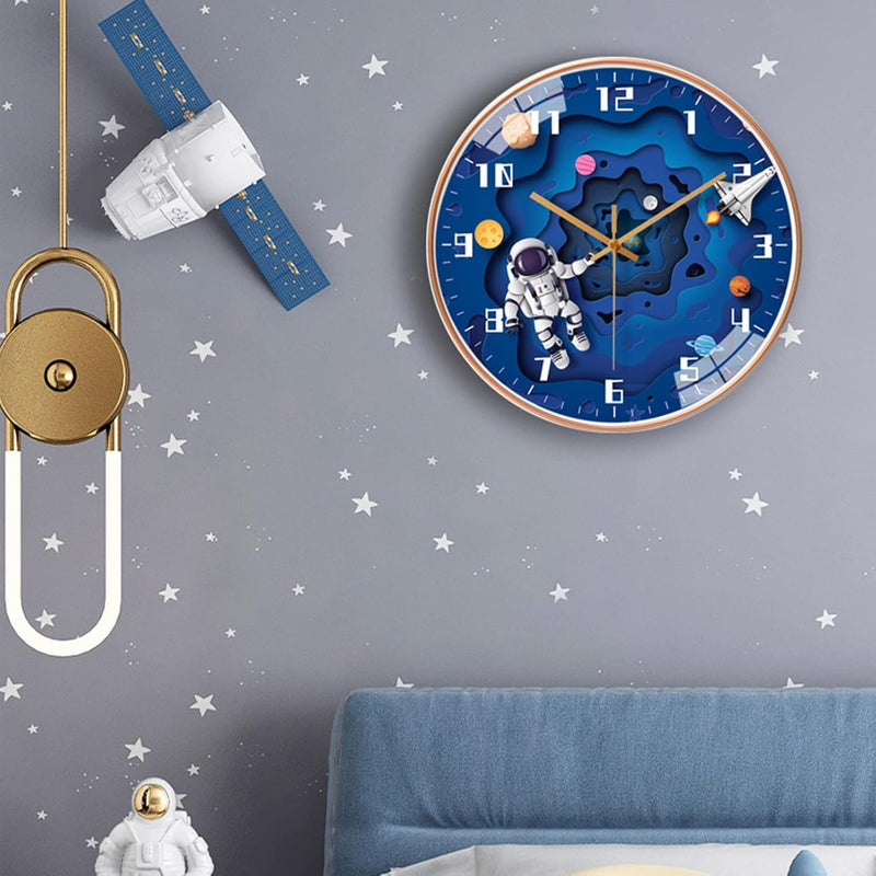 12 Inch Silent Movement Kids Wall Clock, Non Ticking Children round Wall Clock Battery Operated Space Travel Style Decor Children Clock for School Boys Bedroom Living Room Space Decor (Blue)