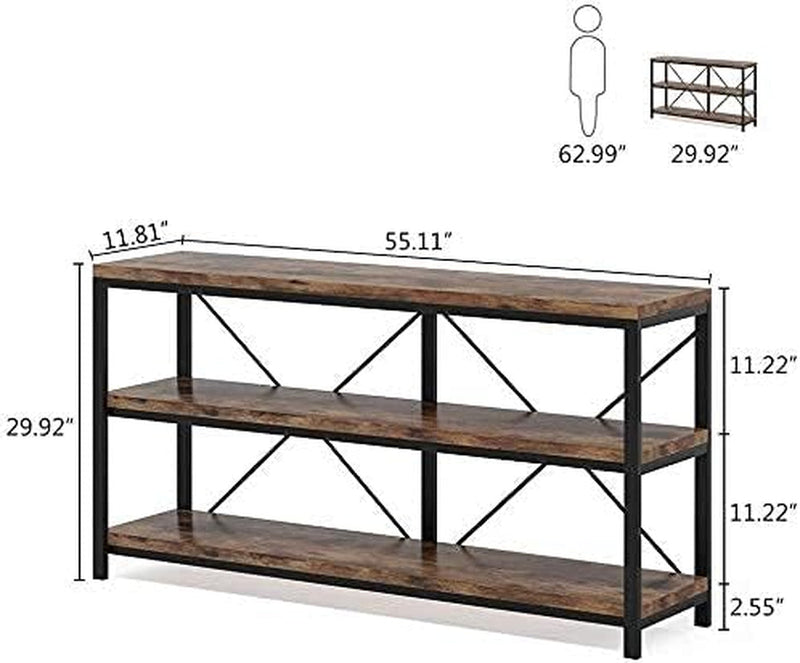 55 Inches Long Sofa Table with Storage Shelves, 3 Tiers Industrial Rustic Console Table with Open Shelves, Three Decorative Shelf, Open TV Shelf for Living Room, Hallway, Book