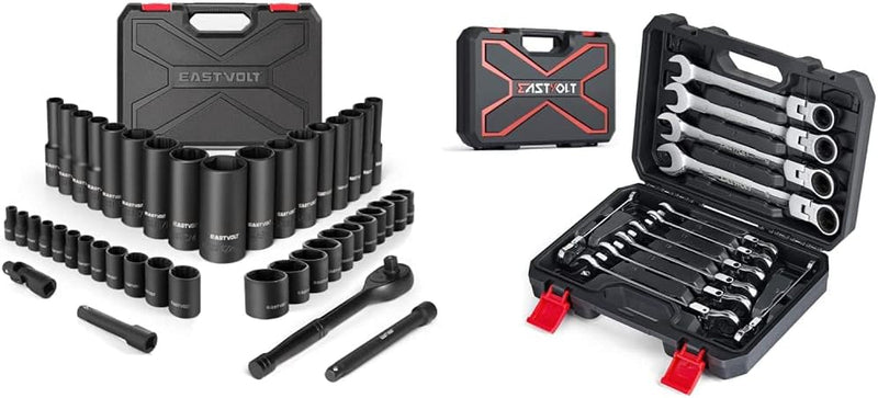 Eastvolt Mechanic Tool Kits, Drive Socket Set, 46 Pieces Socket Set with 72 Teeth Reversible Ratchet, Metric/Sae (ASK06)