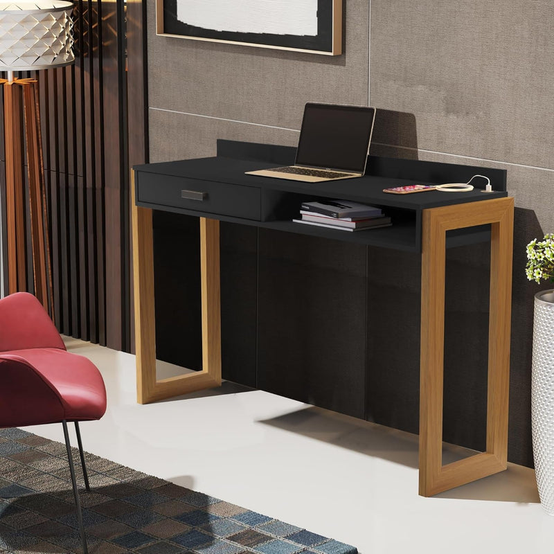 Boahaus Daca Modern Computer Desk, Stylish Home Office Desks with 1 Drawer and 1 Shelf for Additional Storage, Office Desk with USB Port Outlet, Black/Brown Finish, Writing Desk