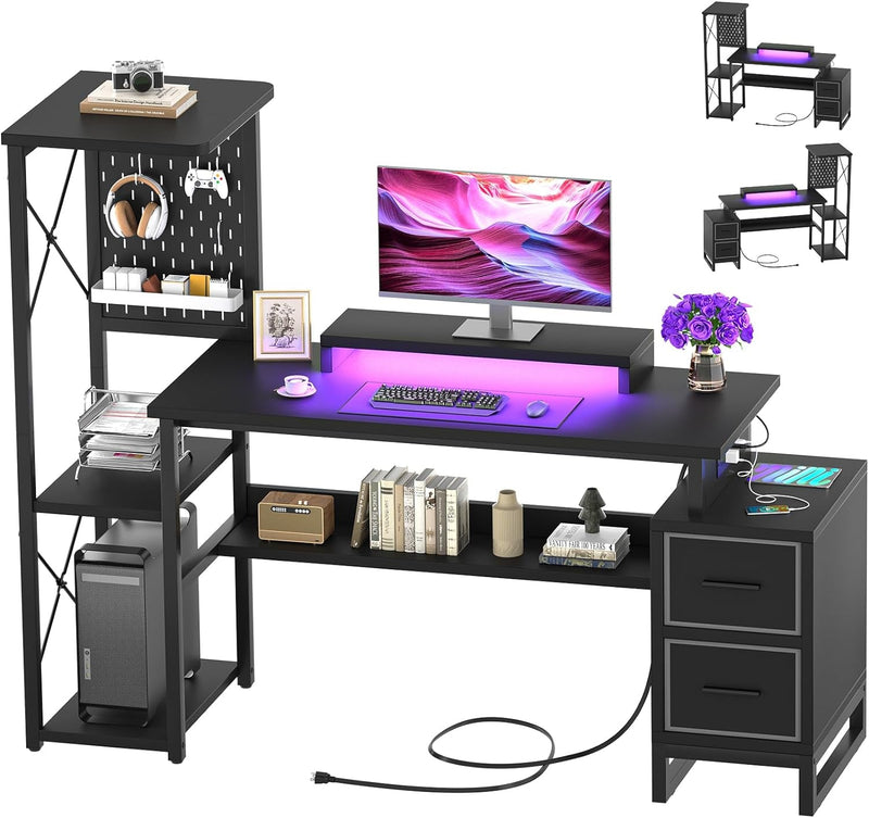 Computer Desk with 2 Fabric Drawers - Reversible Home Office Desk with Power Outlet & LED Lights, 53" Writing Desk with Monitor Stand & Storage Shelves, Gaming Desk Study Table with Pegboard, Black