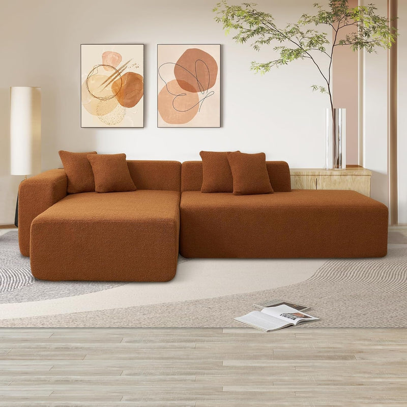 Canapé sectionnel modulaire 105'', canapé sectionnel moderne en forme de L avec chaise longue, canapé d'angle confortable en tissu de laine d'agneau, canapé rembourré 4 places pour salon, chambre, appartement, orange