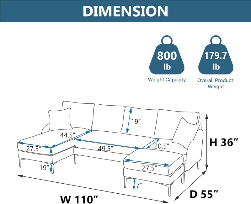 Chifee & Vingol Modular Sectional Sofa 110" U-Shaped 4-Seat Convertible Couch for Living Room with Chaise and Ottoman,Golden Metal Legs,Blue