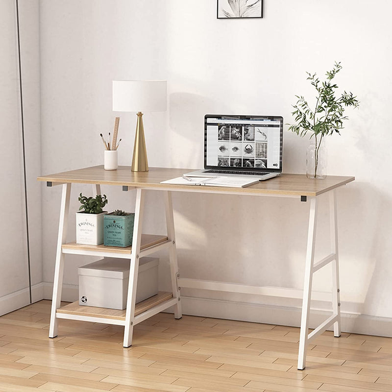 Dlandhome Computer Desk with Storage Shelf, Trestle Desk, Home Office Desk/Workstation/Writing Table with Opening Shelves, Tplus (47 Inches, Oak)