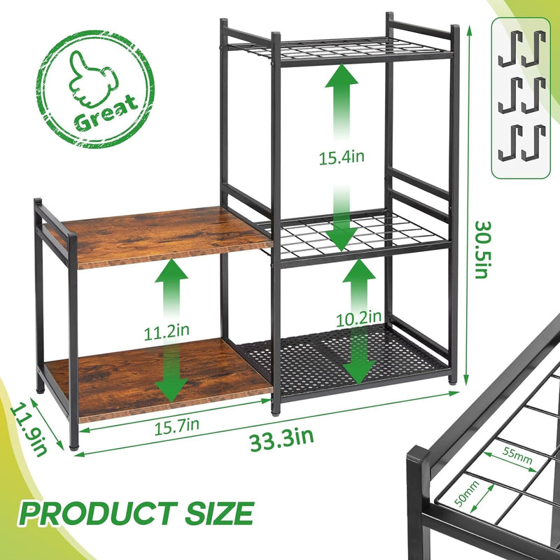 Garage Tool Organizer with 2-Tier Wooden Shelves, Yard Tool Organizer for Garage with 6 Hooks, Heavy Duty Steel Garden Tool Rack Holds up to 35 Long Handled Yard Tools for Storage, Black