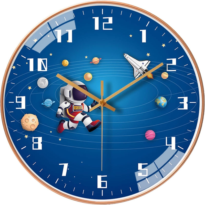 12 Inch Silent Movement Kids Wall Clock, Non Ticking Children round Wall Clock Battery Operated Space Travel Style Decor Children Clock for School Boys Bedroom Living Room Space Decor (Blue)