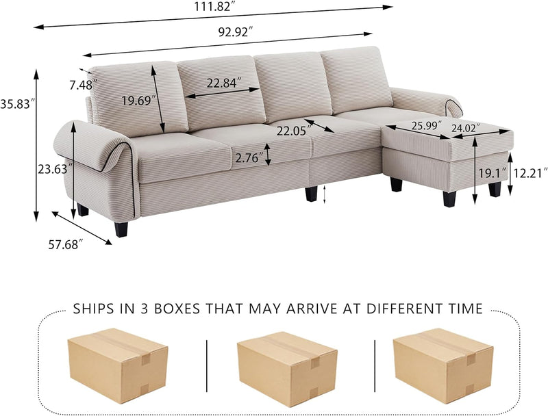 112" Sectional Sofa Couch, 4-Seat L Shaped Couch with Ottoman and Wooden Legs, Modern Polyester Fabric Couches for Living Room Apartment Office, Beige