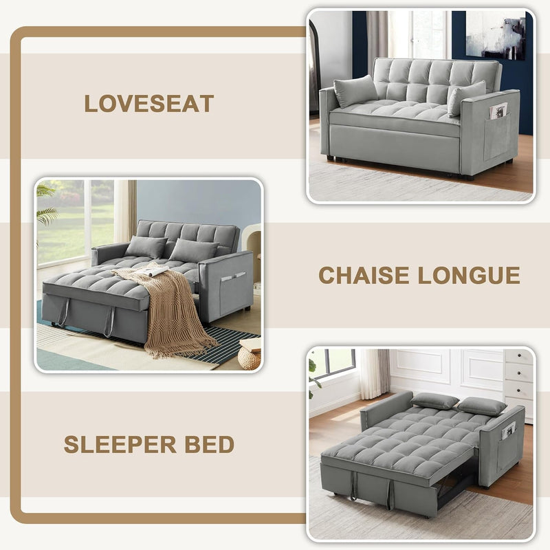 Convertible Sofa Couch 3-In-1 Multi-Functional Velvet Pull-Out Bed, 55'' Loveseat Chaise Lounge with Adjustable Backrest and Pillows, Grey