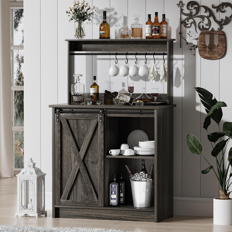 4Ever2Buy Farmhouse Coffee Bar Cabinet with Storage, Gray Coffee Bar with 6 Hooks, Coffee Bar Table with Sliding Barn Door, Wine Bar Cabinet with Adjustable Shelf for Living Dining Room