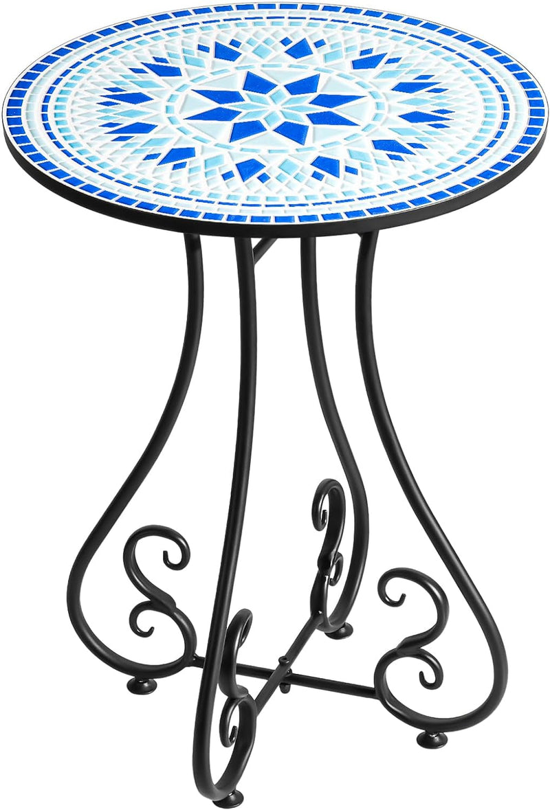 14" Outdoor Side Table, Scrollwork Accent round End Table, Unique Relief Ceramic Tile Tabletop with Metal Frame, Coffee Tea Table Nightstand for Living Room, Bedroom