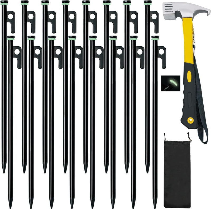 8/12/16Pack Tent Stake with Hammer, 8/10/12/16In Heavy Duty Tent Stakes + 10In Tent Stakes Hammer+Storage Pouch, Forged Steel Tent Stakes Used on Rocks (12 Pack 10In Tent Stakes+Hammer)