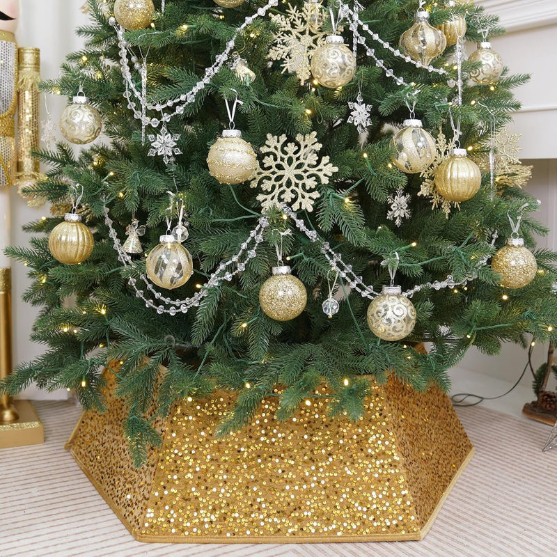 Champagne Gold Christmas Tree Collar with Sparkling Sequins,Christmas Tree Collars for Atificial Trees, 33.5 Inch Christmas Tree Skirt, Xmas Tree Stand Base Cover,Holiday Home Decor Tree Ring(Large)