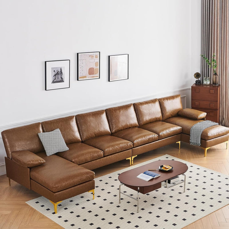 110" U Shaped Sectional Sofa Couch, Mid Century Modern Decor 4 Seater Sofa, Bedroom Apartment Office Sectional Sofa Bed, Caramel