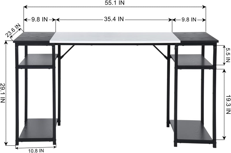 Furniturer Brown Black Wood Top L55 Contemporary Writing Table with 4 Storage Shelves for Home Office Study Living Room Computer Desk, Black&White