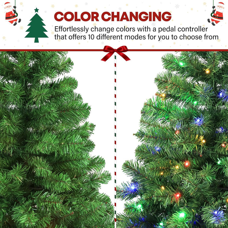 6Ft Prelit Christmas Tree, Artificial Chrismas Tree with 300 Multicolor LED Lights, Easy Assembly with Metal Stand and Hinged Branches, 551 PVC Branch Tips, 10 Color Modes