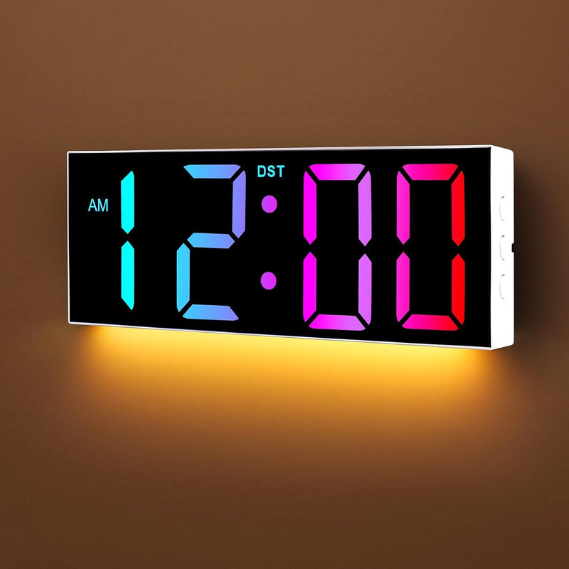 Alampan 12" Large Digital Wall Clock with Remote Control, Corded RGB LED Clock with Full Screen Display, Big Wall Clock for Classroom, Living Room, Elderly, Wall Mount Clock with DST, LED Wall Decor