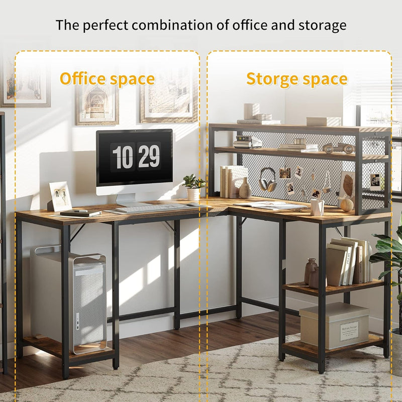 Cubicubi L Shaped Computer Desk with Hutch & Iron Mesh, 59 Inch Large Home Office Desk with Storage Shelves, Study Table Writing Desk Workstation, Brown