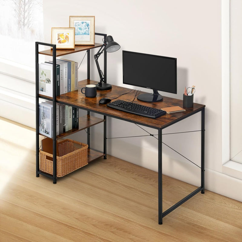 Athena Collection 48" Gaming Computer Desk with Reversible Storage Shelves, Home Office Desk Work Study Writing Desk Table for Bedroom Small Space, Modern Simple Wood Desk Laptop Desk, Rustic Brown