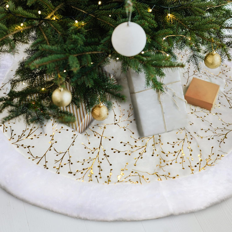 48 Inches Christmas Tree Skirt,White and Gold Christmas Tree Skirt,Faux Fur Plush Xmas Tree Skirt,Thick Tree Skirt Trees,Velvet Rugs for Christmas Tree