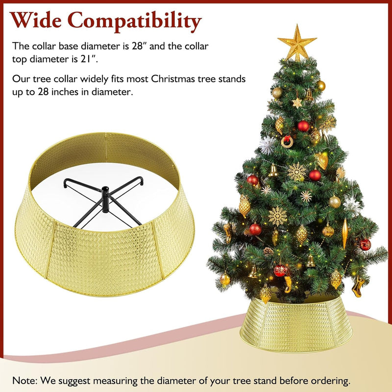 Christmas Tree Collar, 28” Metal Tree Skirt with Woven Pattern, Plating Gold Tree Collar for Real & Artificial Christmas Trees 5-Panel, Xmas Tree Base Cover for Holiday Decor (Shiny Gold)