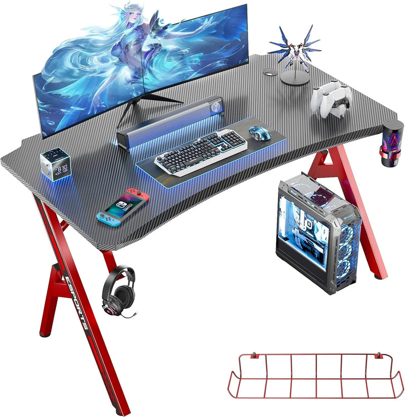 Ecoprsio Gaming Desk, 47 Inch Gaming Computer Desk with Carbon Fiber Desktop, Large Y Shaped Gamer Desk with Cup Holder and Headphone Hook, 47.2'' Game Table for Gamer Room, Workstation, Bedroom, Red