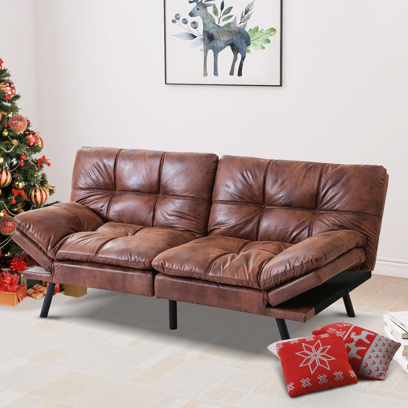 Convertible Sleeper, Memory Foam Futon Couch,Loveseat Bed,Small Splitback Modern Sofa Sofabed, Brown