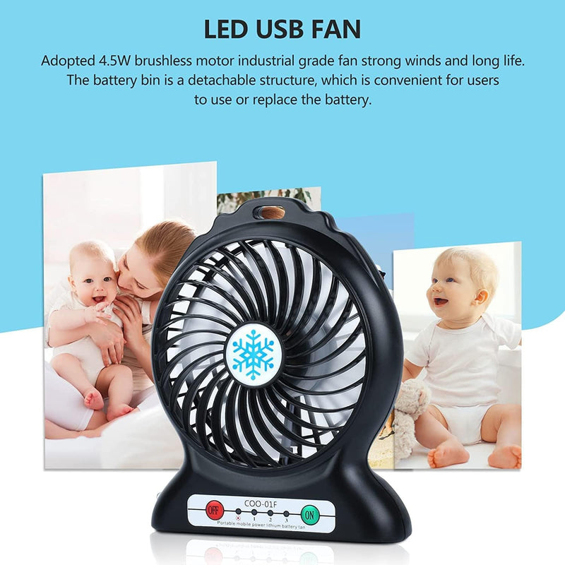 Desk Fan Rechargeable, Mini Portable Fan,3 Speeds Desktop Table Cooling Fan, LED Light, Quiet Personal Fan for Home, Office, Camping, Outdoor, Travel, Indoor