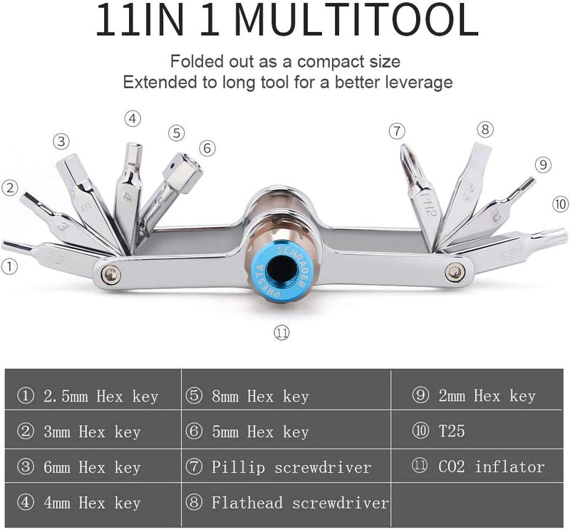 Bike Tool Mini 11 in 1 Multi-Tool - Chain Tool/Torx/Hex/Screwdriver Bicycle Multitool Kit - Cycling Mechanic Repair Tools with CO2 Inflator for Road and Mountain Bikes
