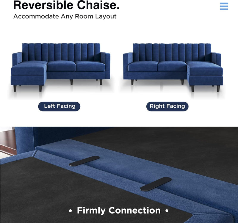 HONBAY Convertibel Sectional Couch for Small Space, L Shaped Couch with Reversibel Chaise, Velvet Sectional Sofa, Pet-Friendly Sectional Couch, Blue