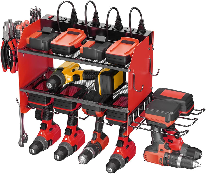 CCCEI Organisateur d'outils électriques modulaire, station de charge murale, support noir pour 6 perceuses avec multiprise 8 prises, étagère en métal robuste pour batterie de perceuse de garage, support utilitaire avec crochets, rangement latéral.