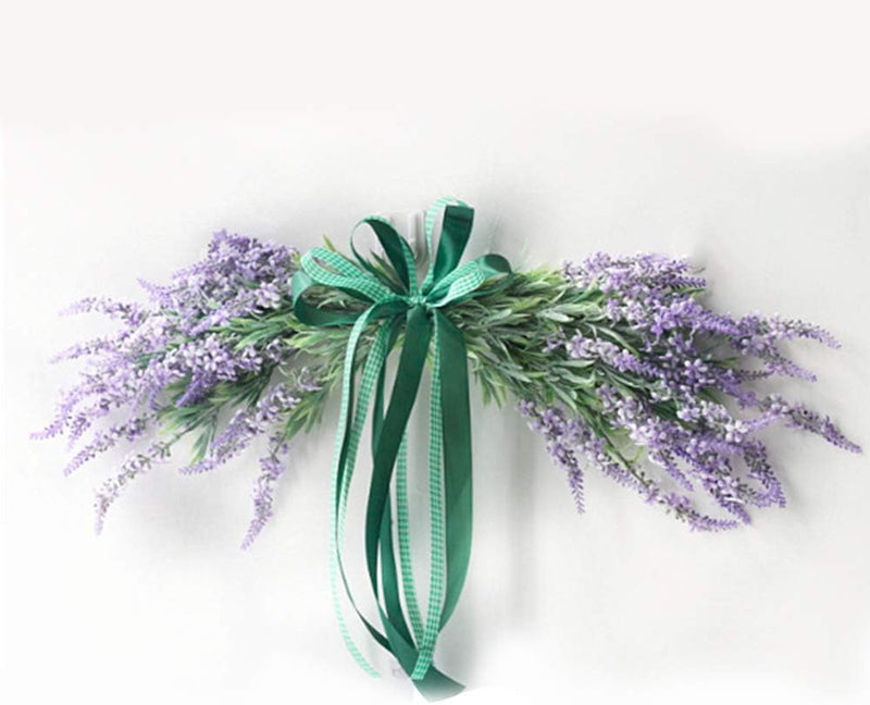 Artificial Lavender Flower Swag,21.6 Inch Simulation Lavender Flowers Swag Garland Wreath with Green Ribbon for Home Front Door/Wedding Table Centerpieces