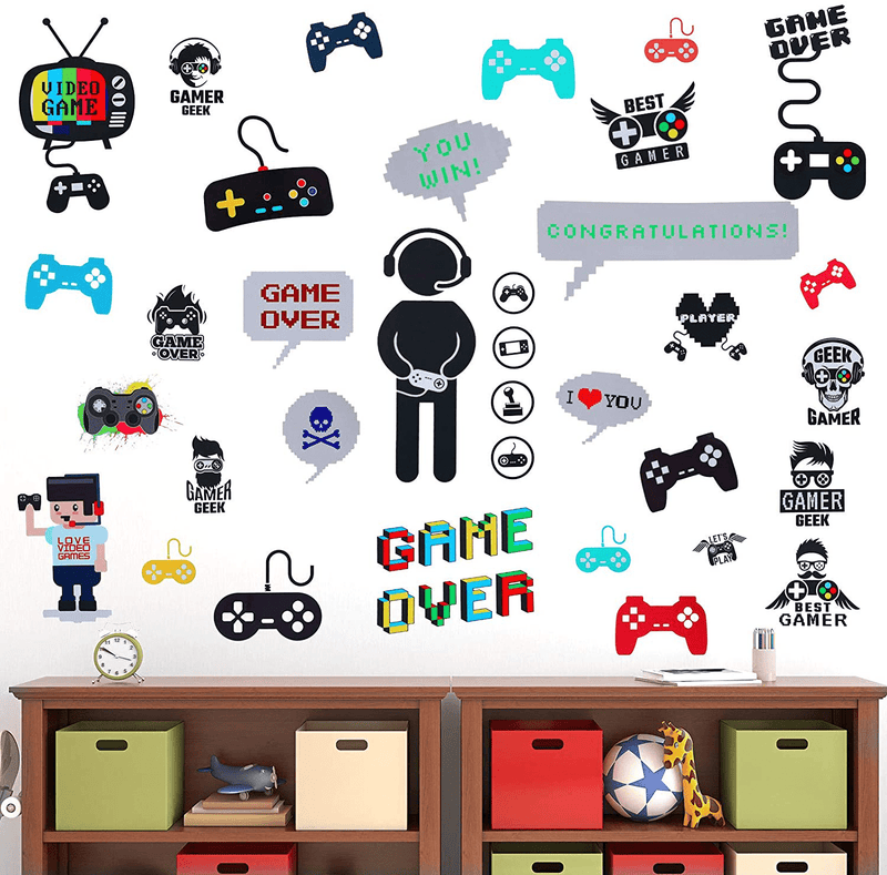 36 Pieces Video Game Wall Decals Gaming Controller Wall Stickers Removable DIY Cartoon Party Wallpaper for Playroom Bedroom Living Room Decor Arts & Entertainment > Hobbies & Creative Arts > Arts & Crafts > Art & Crafting Materials > Embellishments & Trims > Decorative Stickers Outus Default Title  