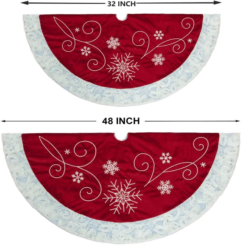 Christmas Tree Skirt, 32 Inch Red Velvet Tree Skirt with Embroidered Snowflakes Sequins White Trim Border, Holiday Party Tree Decoration