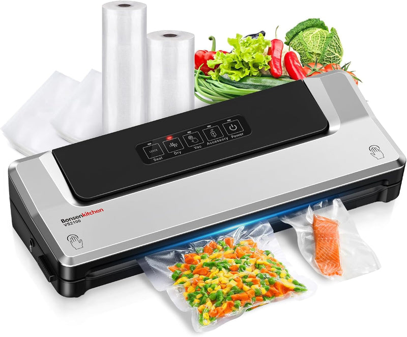 Bonsenkitchen Vacuum Sealer Machine, Fast-Compact Food Sealer, Multi-Functional Food Vacuum Sealer with 5 Vacuum Bags & Accessory Hose, Globefish Technology for High-Speed Continuous Working, Silver