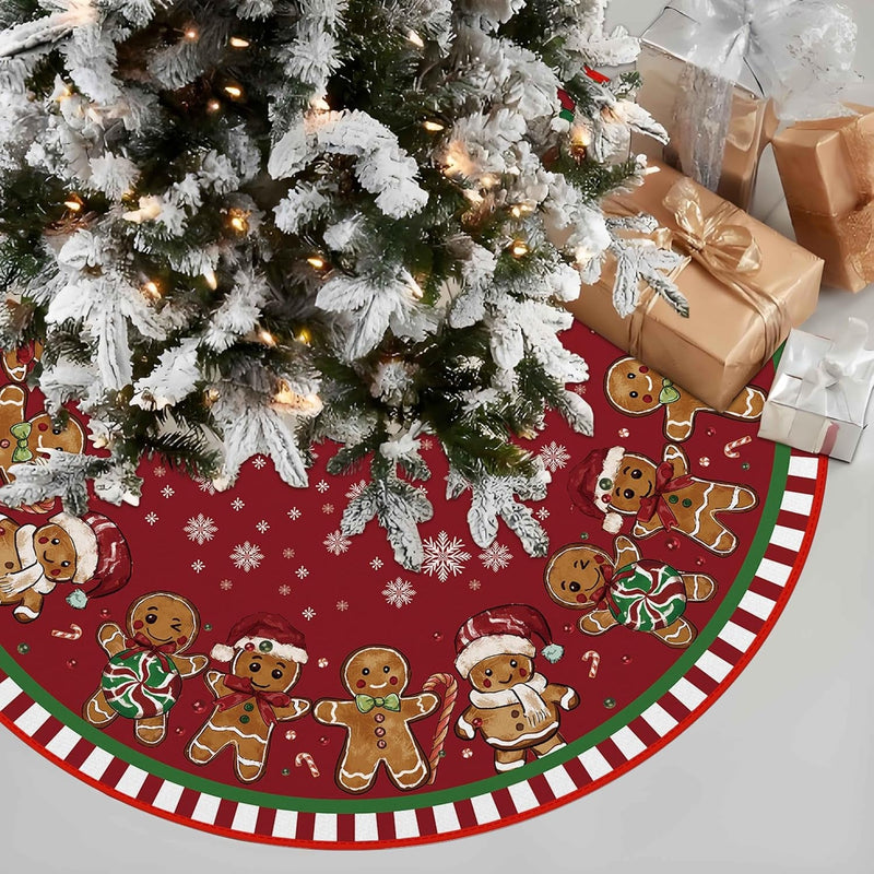 Christmas Tree Skirt 48 Inches, Gingerbread Man Pencil Tree Skirt, Winter Xmas Tree Mat Decorations for Home Party Holiday Decorations