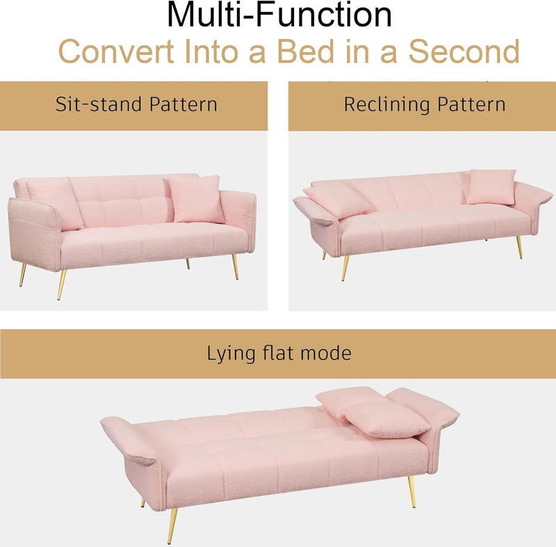 Convertible Futon Sofa Bed with Adjustable Backrest & Armrests, Metal Legs, Teddy Velvet Folding Recliner Tufted Loveseat Living Room Furniture for Small Spaces, Bedroom, Apartment, Office