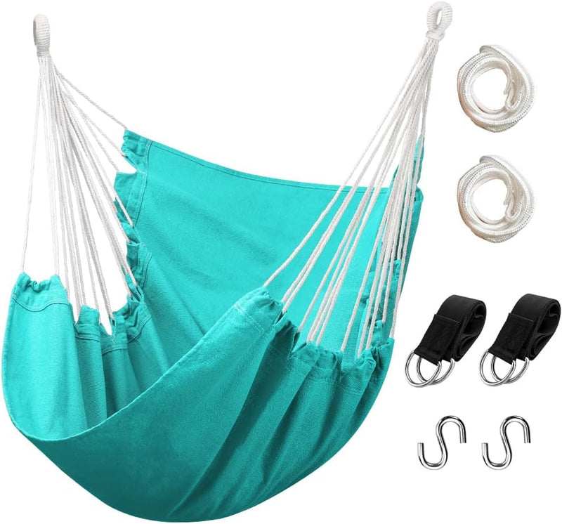 Hammock Chair Hanging Rope Swing, Max 300 Lbs Hanging Chair with Pocket- Quality Cotton Weave for Superior Comfort & Durability Perfect for Outdoor, Home, Bedroom, Patio, Yard (Dark Green)