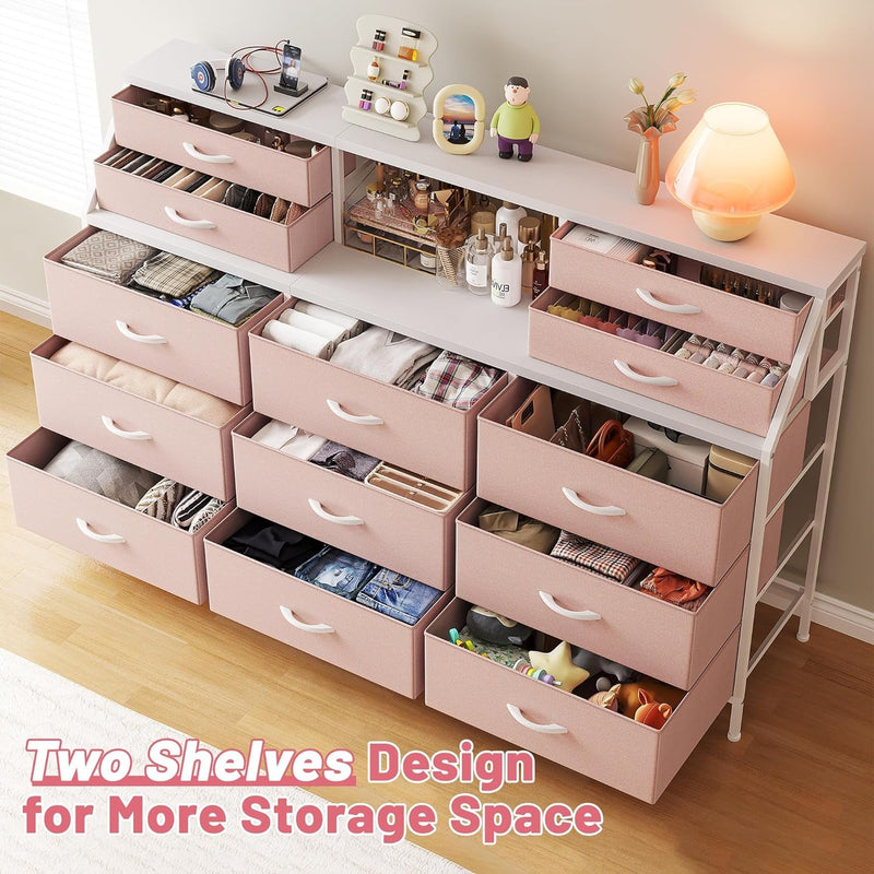 Enhomee 55”W Dresser for Bedroom, Pink Dresser for Girls Bedroom, Dresser with 13 Large Drawer, Dressers & Chests of Drawers, Bedroom Dresser with 2 Shelves, Long Dresser for Closet