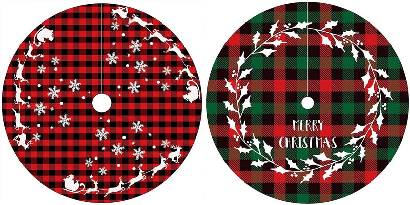 2 Pieces Mini Christmas Tree Skirt 15 Inches Buffalo Check Plaid Tree Skirt Red and Black Plaid Tree Skirt Snowflake Reindeer Santa Tree Skirt for Christmas Holiday Decorations