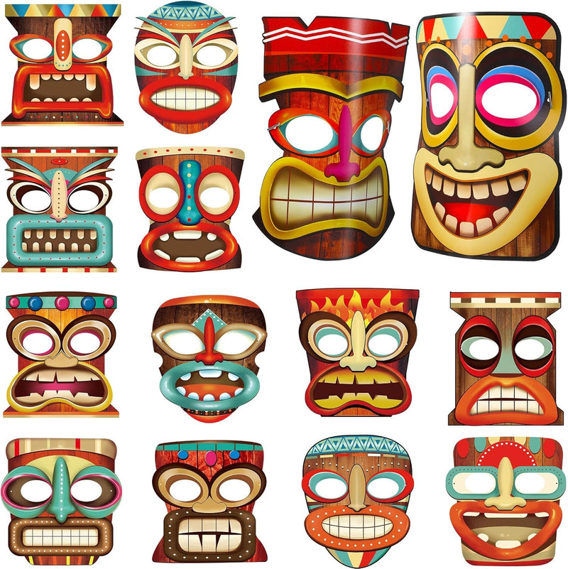 Blulu 14 Pieces Tiki Masks Polynesian Luau Party Decorations Aloha Party Supplies Hawaii Tropical Paper Masks Summer Wall Decor Masquerade Novelty Masks, 8 Inch