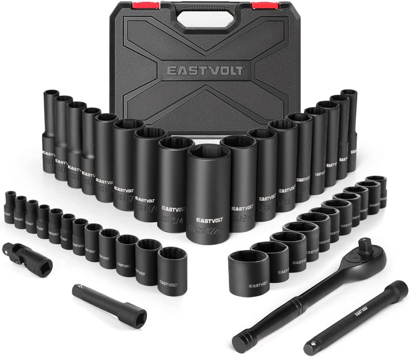 Eastvolt Mechanic Tool Kits, Drive Socket Set, 46 Pieces Socket Set with 72 Teeth Reversible Ratchet, Metric/Sae (ASK06)