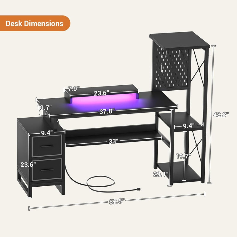 Computer Desk with 2 Fabric Drawers - Reversible Home Office Desk with Power Outlet & LED Lights, 53" Writing Desk with Monitor Stand & Storage Shelves, Gaming Desk Study Table with Pegboard, Black