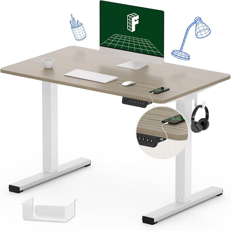 FLEXISPOT Standing Desk Quick Assembly Electric Adjustable with 48 X 24 Inches Whole-Piece Desktop Ergonomic Memory Controller Stand up Desk(White Frame + 48" Grey Wood Grain)