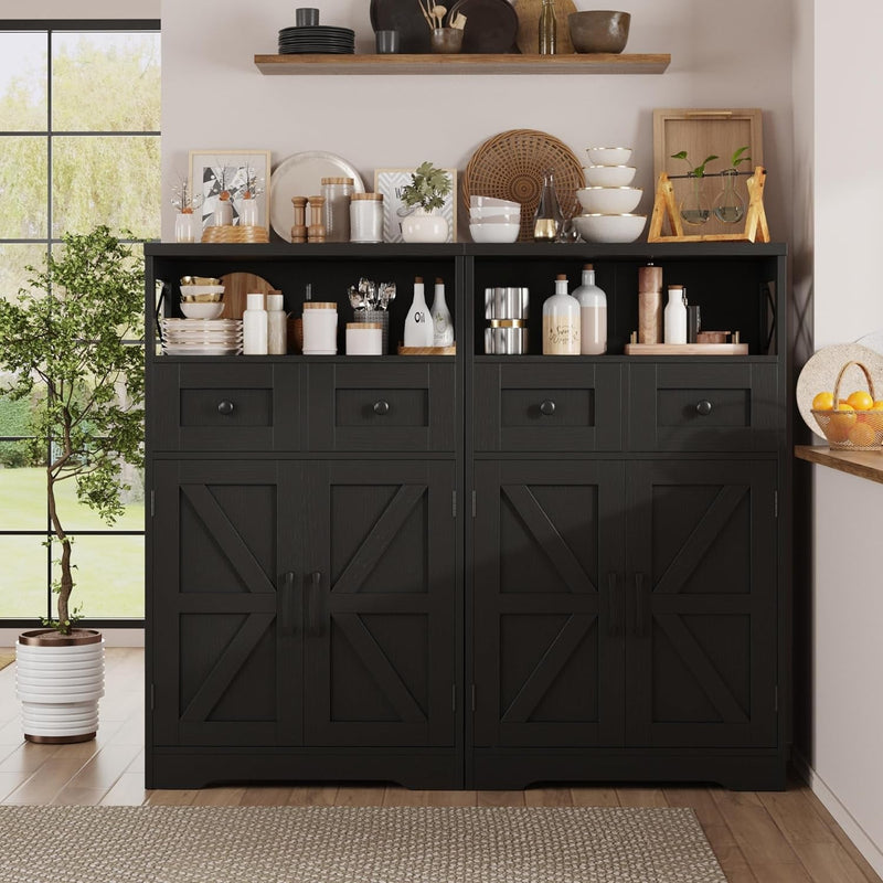 Black Storage Cabinet with Drawers and Shelves, Freestanding Black Kitchen Pantry Storage Cabinet, Floor Storage Cabinet Hutch Cupboard Black for Dining/Living Room/Home Office