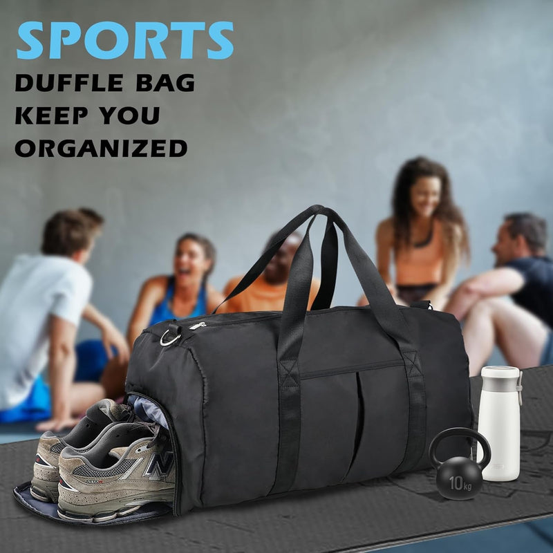 DAYGOS Gym Bag for Men, 40L Waterproof Sports Duffle Bags with Shoe & Wet Compartment, Small Carry on Travel Tote Bags with Trolley Sleeve for Personal Item, Fitness & Workout Gear, Black